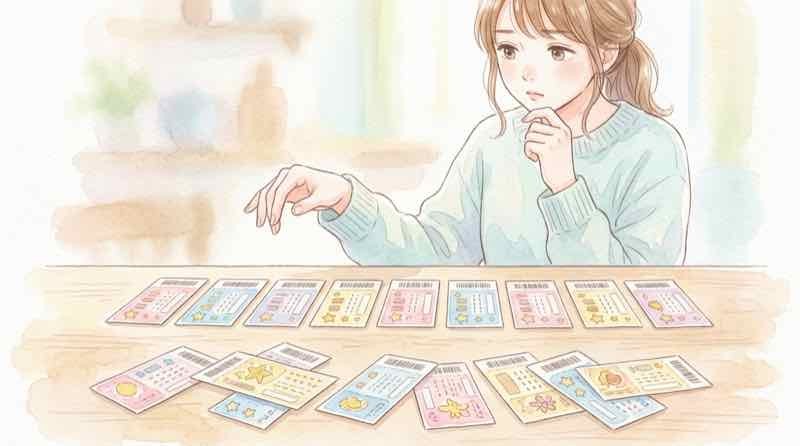 連番とバラの宝くじ券を並べて悩む様子