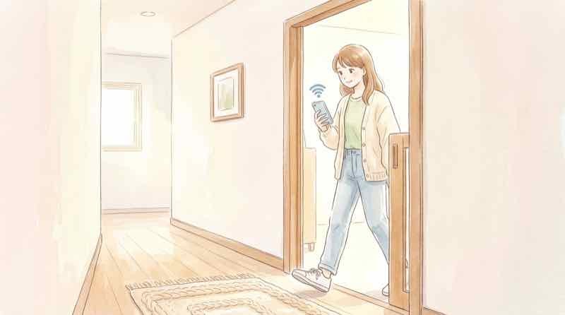 スマホでWi-Fiを使う女性がアンテナ表示を確認している様子