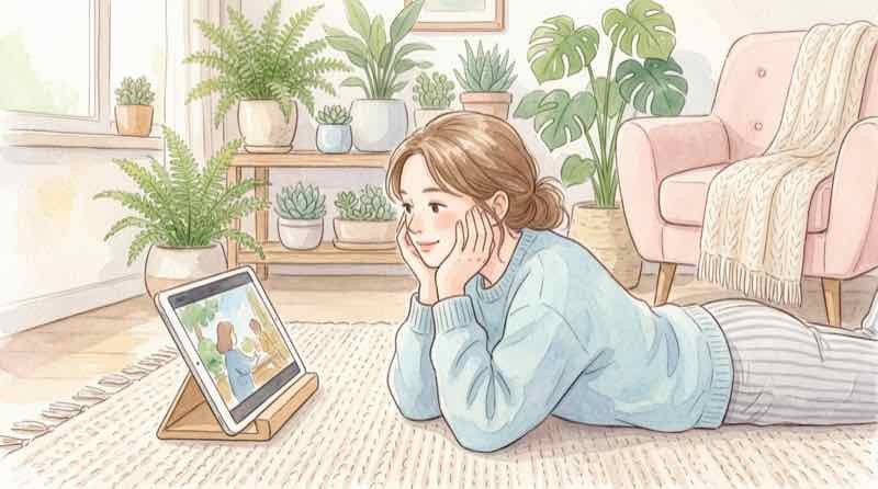 YouTubeやSNSを見る女性がスマホ画面を眺めている様子