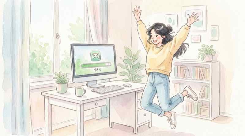 大容量ゲームをダウンロードするPCとコントローラーが並ぶ部屋