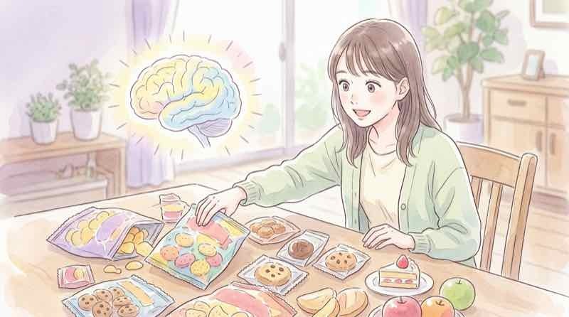 太りやすい脳の違いを示す食べ物と脳のイラスト