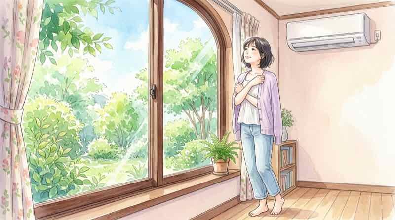 夏のインフルエンザ流行の理由を考える、冷房の効いた部屋の女性