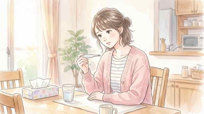 発熱してインフルかコロナか夏風邪か見分けに迷い体温計を見る女性