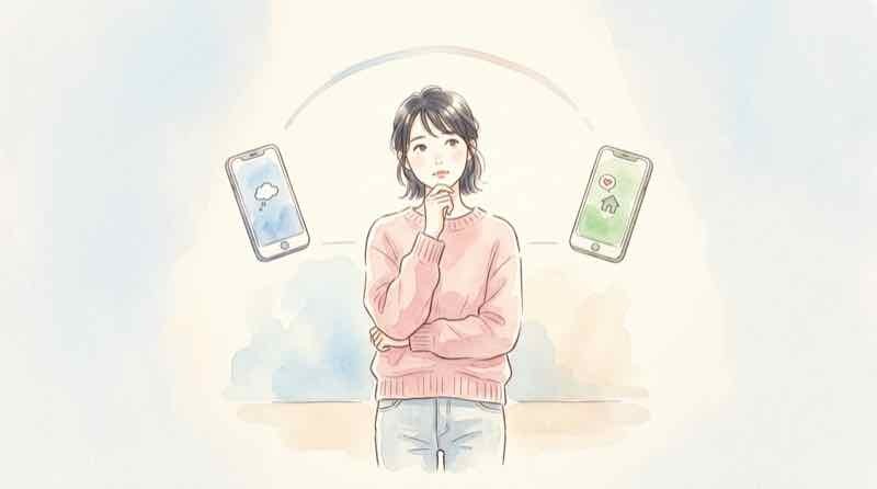 iPhone17とiPhone18を比較して悩む女性のイメージ