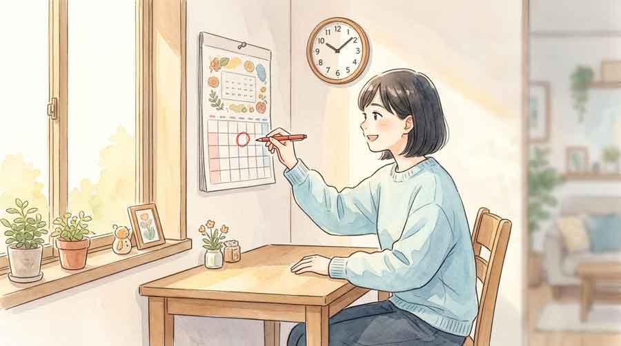 出雲駅伝のスタート時間変更を伝える朝の時計とカレンダーのイラスト