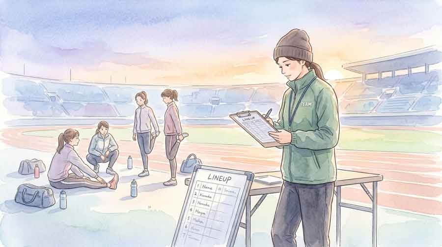 当日の朝早くにメンバー変更を確認するスタッフのイラスト