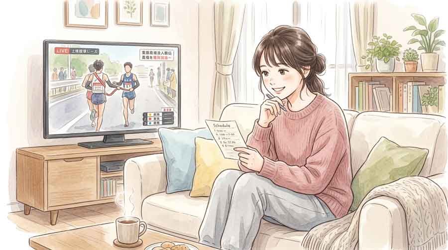 テレビとスマホで駅伝を観戦する女性のイラスト