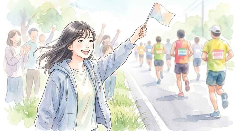 予選会のコースを走る選手たちを見守る女性のイラスト