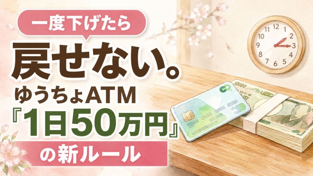 ゆうちょ ATM 限度額をATMの前で財布を開いて確認する30代女性のイラスト