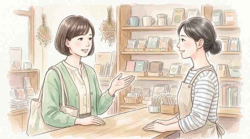 レストランで店員に落ち着いて話しかける女性客