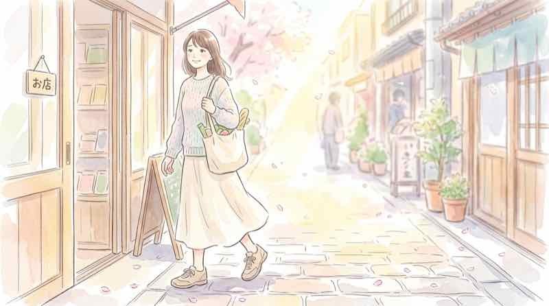 安心した表情で店を出る女性客