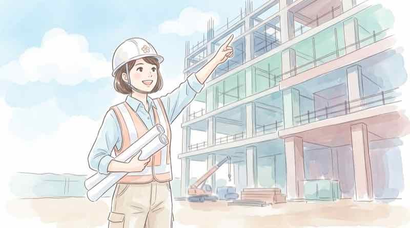 現場でヘルメットをかぶり施工管理をする現場監督の姿