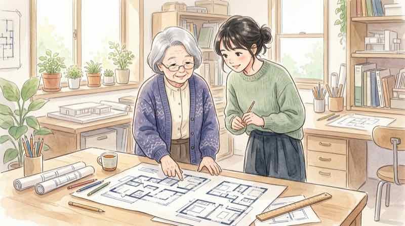 高齢のベテラン建築士と若手建築士が並んで図面を見る対比イメージ