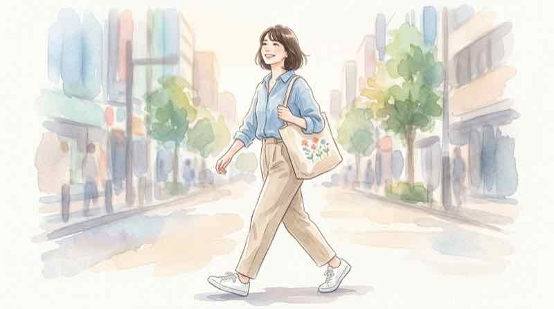 建築士法改正のニュースを調べながら暮らしを整える女性と鞄・アクセサリーのある部屋