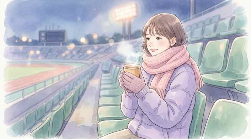 Jリーグ観戦の防寒対策グッズを準備する女性