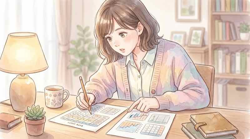 個人向け国債の変動10年固定5年の金利を確認する女性