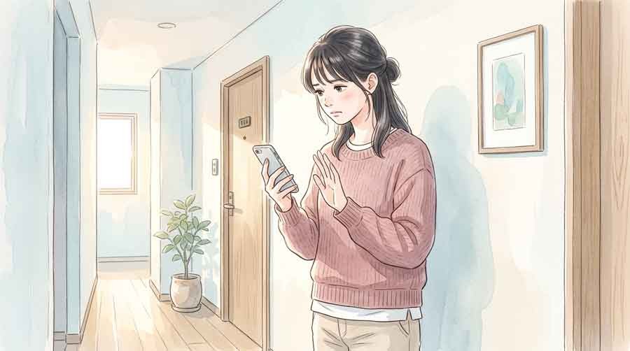 電子決済 詐欺のSNSメッセージを警戒して眉をひそめる女性