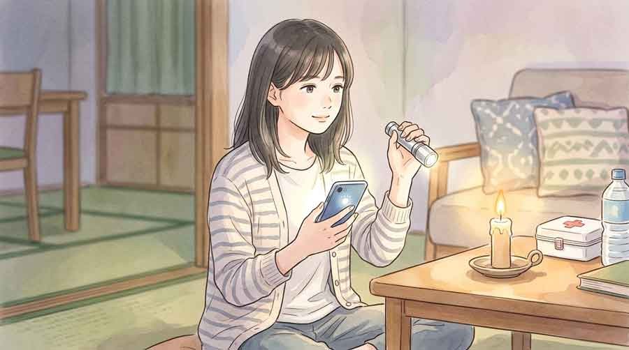 停電時にオフライン決済を試すスマホを持つ女性