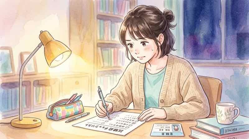 共通テスト前日に持ち物をチェックリストで確認する女性