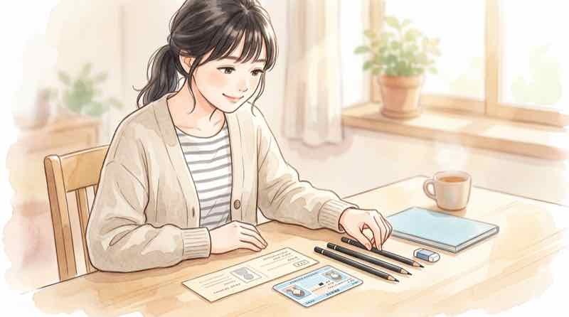 机の上に受験票や筆記用具を並べてチェックする女性