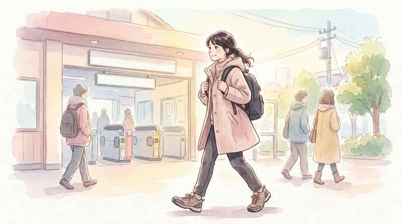朝早く家を出て試験会場へ向かう女性