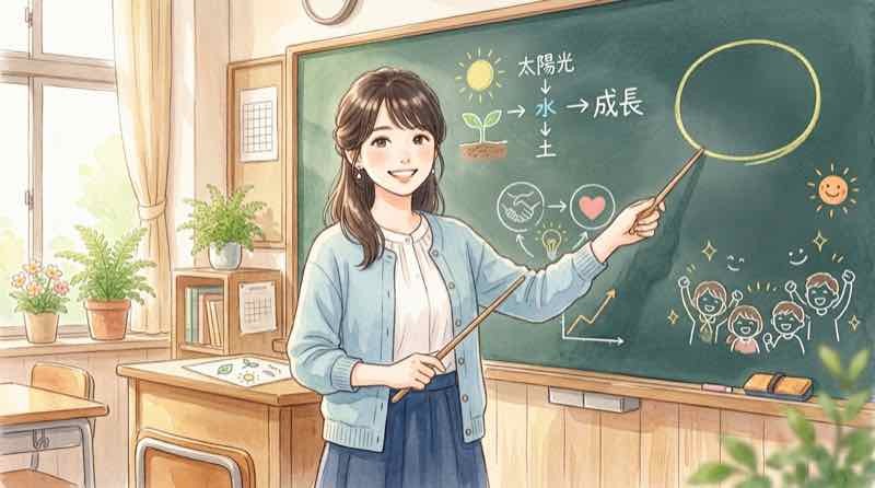 2027年共通テストの結論を示す黒板の前に立つ女性