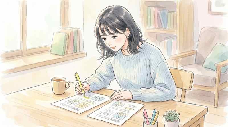 2026年と2027年の共通テストの違いを比較する表を見る女性