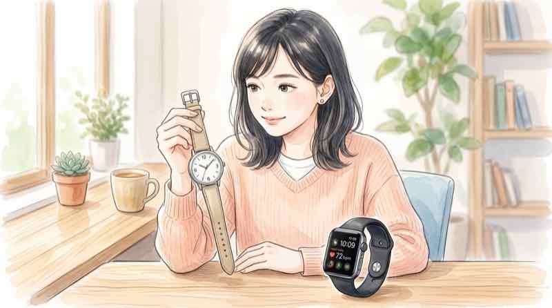 スマートウォッチとアナログ腕時計を並べて確認する女性