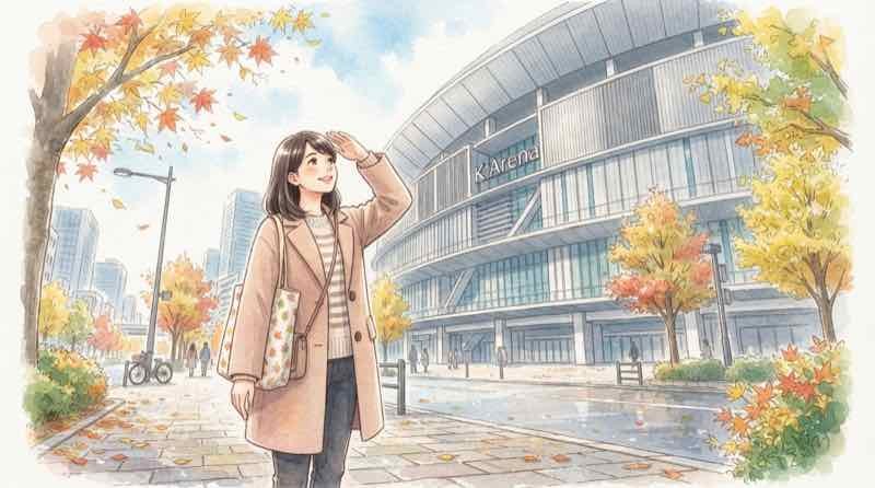 大相撲 九州場所 2026 の会場となる福岡国際センターの外観を見上げる女性のイラスト