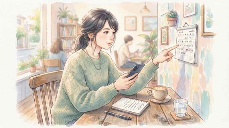 九州場所 チケット 2026 の発売スケジュールをカレンダーで確認する女性のイラスト