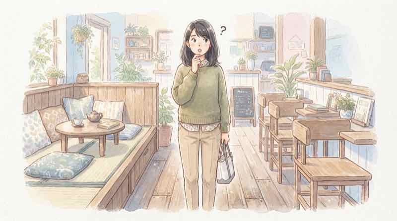 九州場所 座席 のマス席とイス席を見比べて迷う初心者女性のイラスト