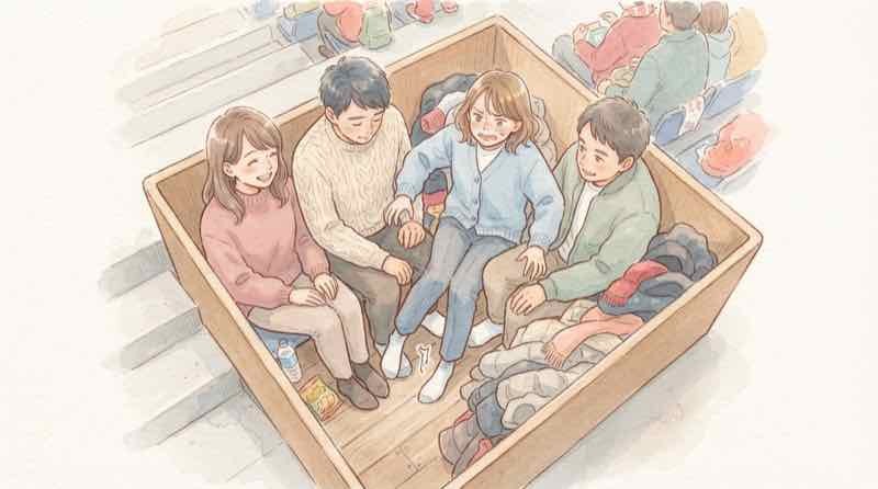 九州場所 マス席 に4人で座って窮屈そうにする観客のイラスト