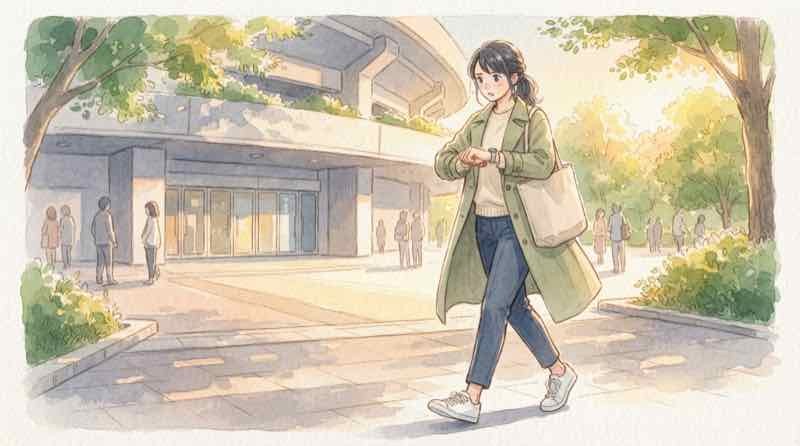 九州場所 何時に行く か迷い、時計を見ながら会場へ向かう女性のイラスト