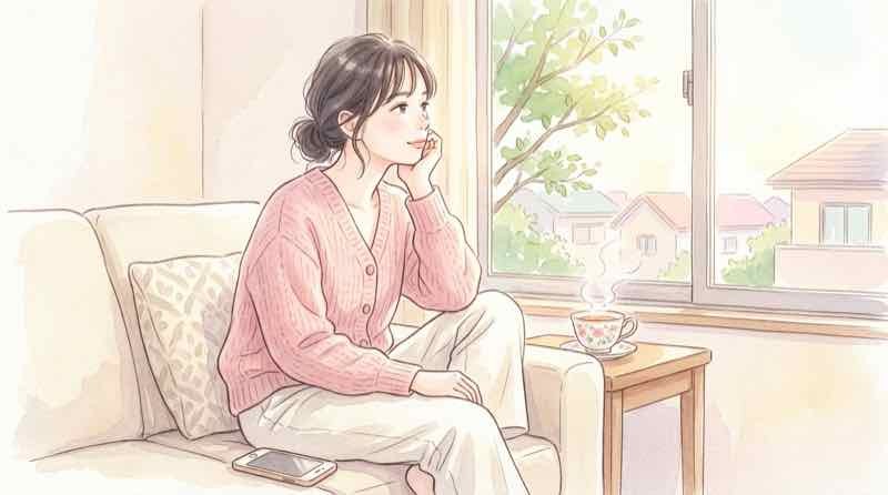 九州ふっこう応援割の予約開始日を待つ女性、スマホを置いて考える様子
