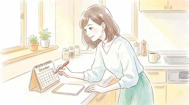 カレンダーの10月1日に印をつける手元、九州ふっこう応援割の宿泊開始日メモ