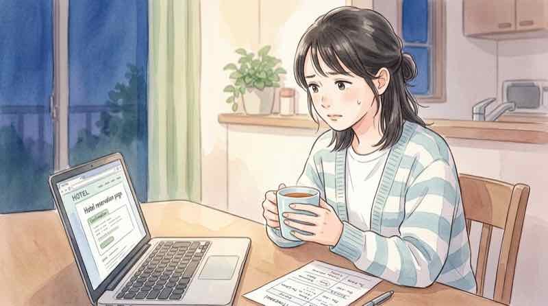 既存予約の扱いに不安を感じてスマホの予約画面を見る女性、九州ふっこう応援割