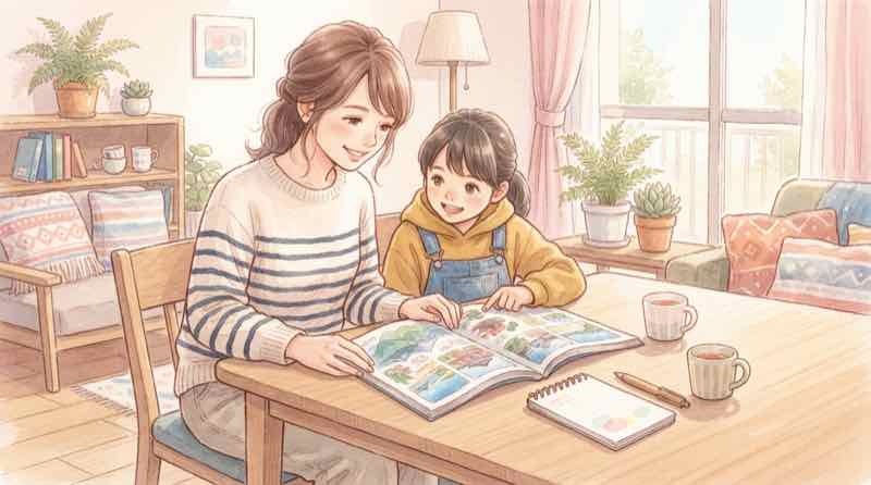 九州ふっこう応援割を家族旅行で使う方法を調べる母親、子供と旅行カタログ