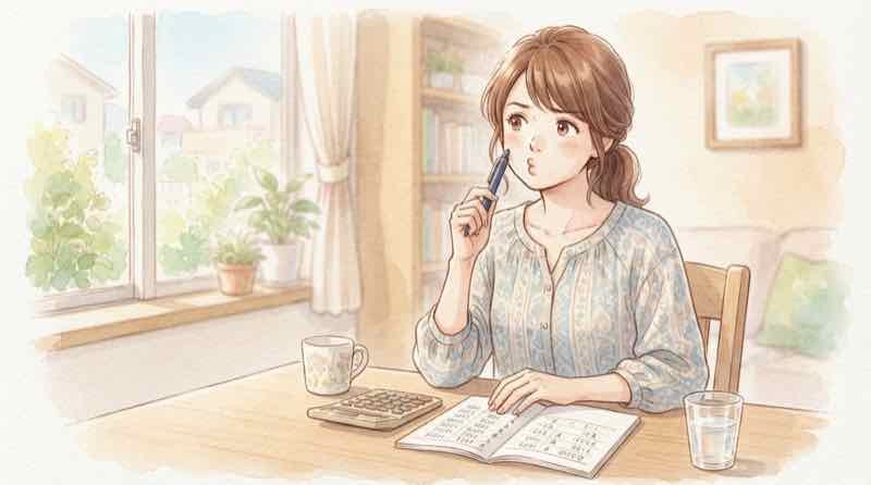 家族の人数と旅行代金を計算して首をかしげる母親、九州ふっこう応援割の人数カウント