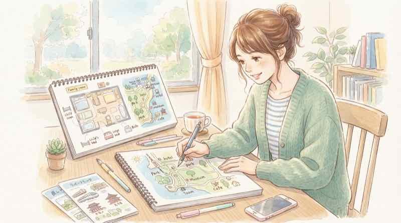 家族4人分の旅行プランをノートに書き出す母親、九州ふっこう応援割の予約プラン