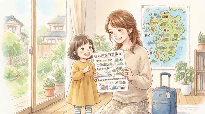 家族旅行の計画を立てて笑顔の母親と子供、九州ふっこう応援割の家族向けまとめ