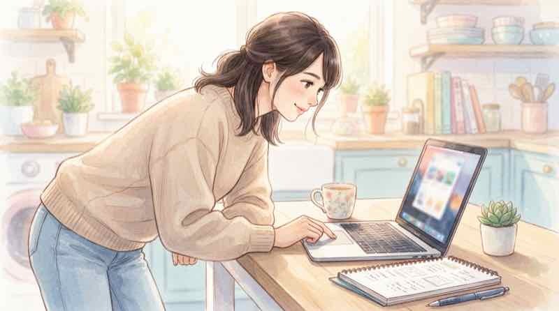 九州ふっこう応援割の使い方を調べる女性、予約サイトを開いたノートパソコンとメモ