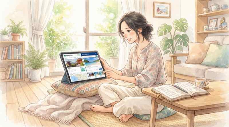 楽天トラベルやじゃらんの予約画面を見比べる女性、九州ふっこう応援割の予約窓口