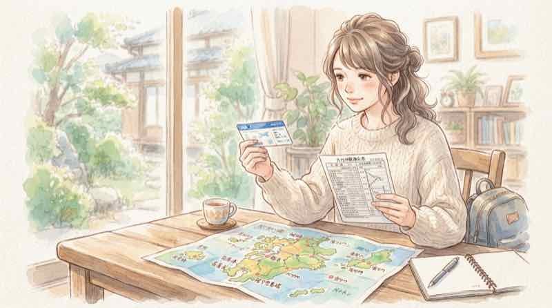 飛行機と新幹線のチケットを見比べて周遊プランを考える女性、九州ふっこう応援割