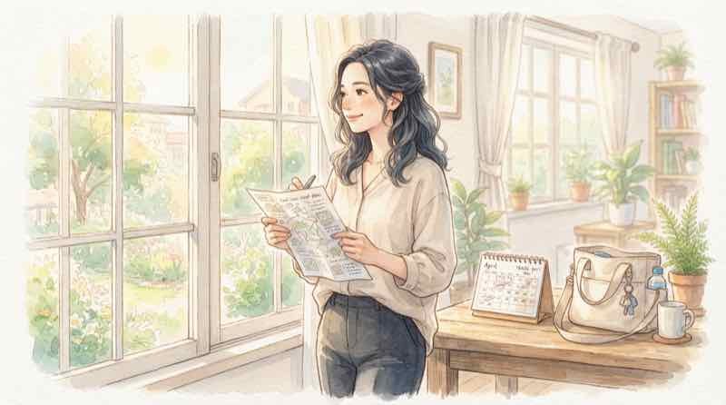九州ふっこう応援割の予約準備を終えて笑顔の女性、旅行の計画メモとカレンダー