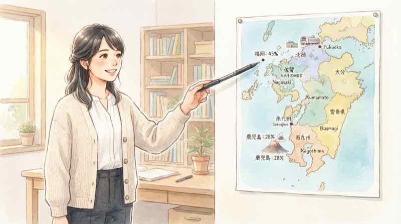 九州7県の名前を書き出して確認する女性、九州ふっこう応援割の対象地域