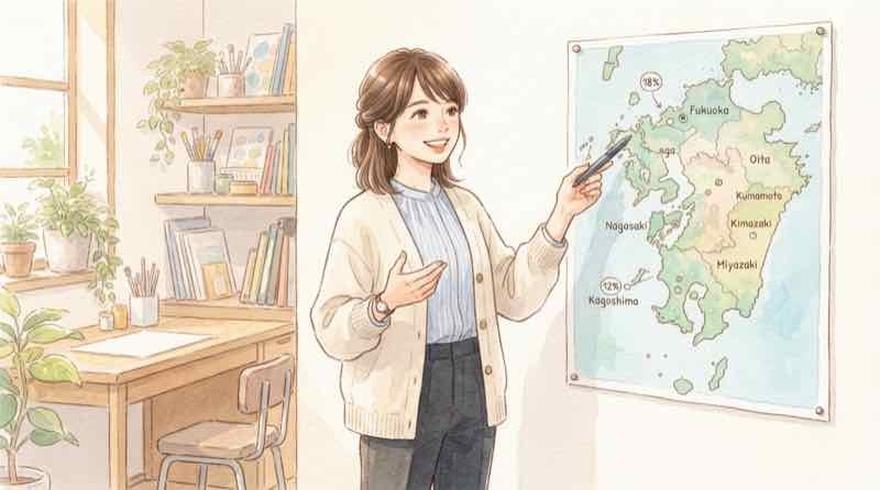 熊本と鹿児島に印をつけた九州地図を見る女性、九州ふっこう応援割の割引率の違い