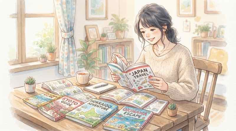 九州各県の観光ガイドを見比べて旅先を検討する女性、九州ふっこう応援割の行き先選び