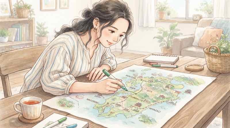 2県を結ぶ周遊ルートを地図に線で書く女性、九州ふっこう応援割の周遊プラン