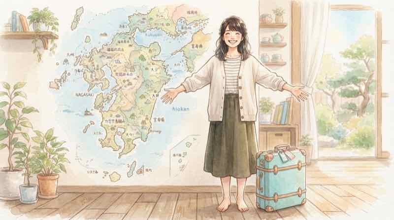 九州の地図を前に行き先を決めて笑顔の女性、九州ふっこう応援割の行き先選び