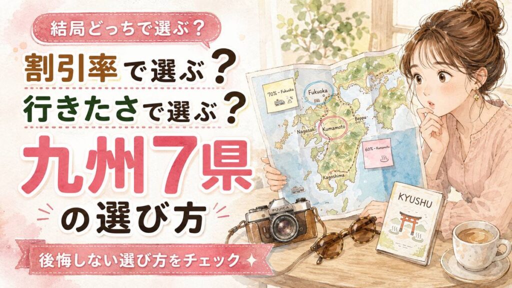 九州ふっこう応援割の使い方を調べる女性、予約サイトを開いたノートパソコンとメモ